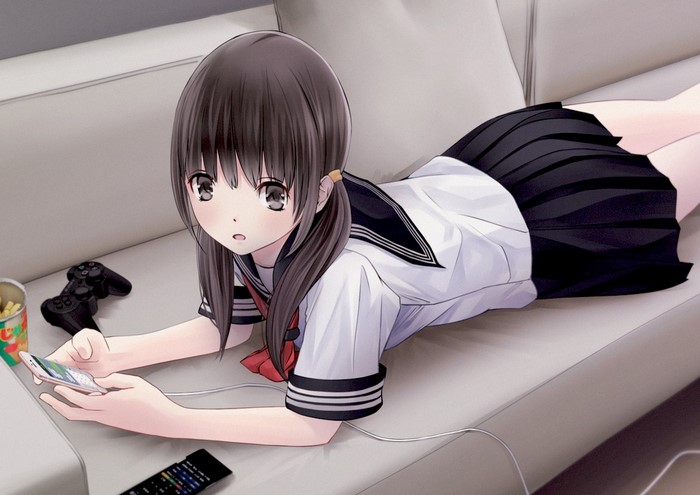 Anime girl in school uniform playing on phone with game controller