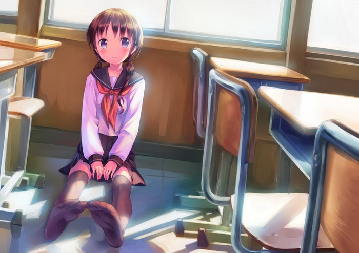 Anime girl in school uniform sitting in a classroom