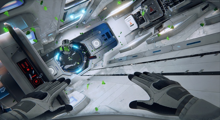 Astronaut in a damaged space station with debris