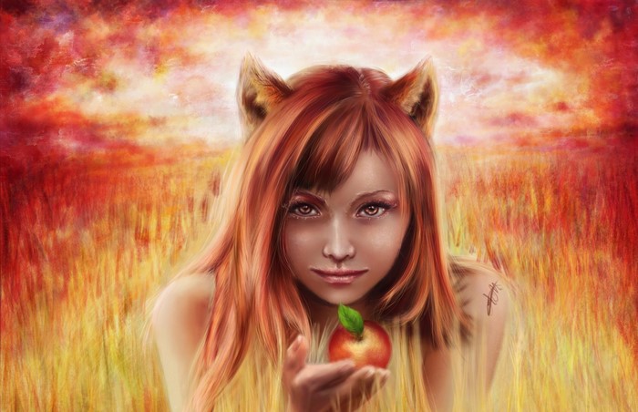 Fantasy art of a woman with cat ears holding an apple