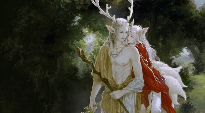 Fantasy art of two elf-like beings in a forest