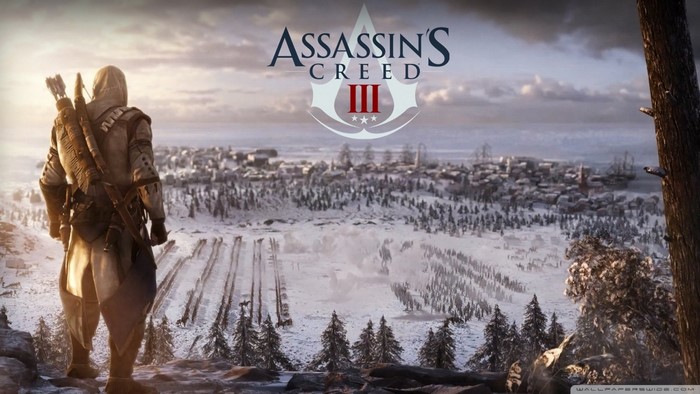 Assassin's Creed III title screen with Connor overlooking a snowy town