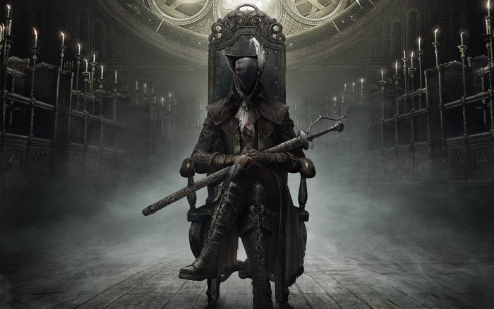 Hunter from Bloodborne sitting on a throne
