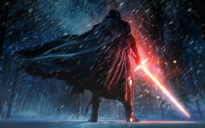 Kylo Ren from Star Wars with a lightsaber in snow