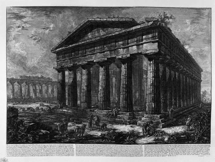 Ancient Greek Temple Ruins with Figures and Cattle