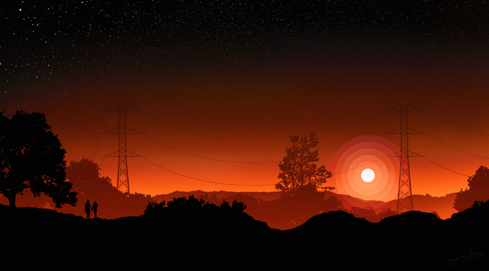 Silhouette of a couple at sunset with power lines and stars