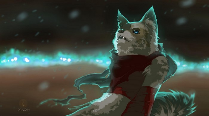 Furry character with blue eyes and red scarf