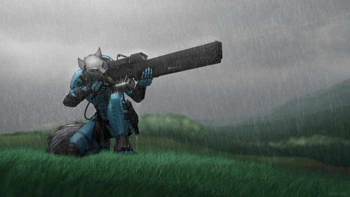 Furry soldier with sniper rifle in the rain