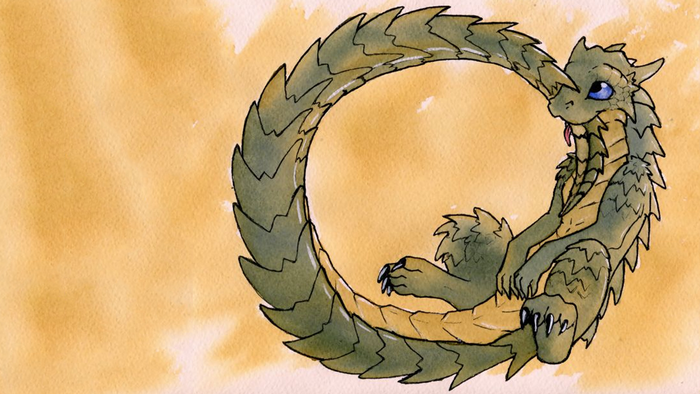 Dragon curled in a circle on a watercolor background