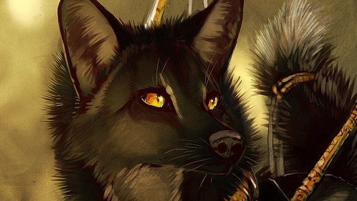 Close-up illustration of a black wolf with glowing eyes