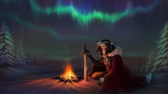 Furry warrior with sword by campfire under Aurora