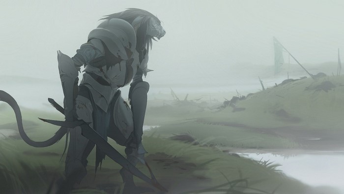 Anthro warrior in armor in a foggy landscape