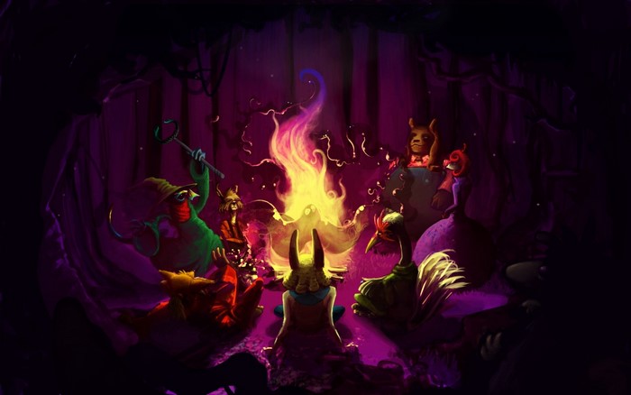 Anthro Characters Gathered Around Campfire in Dark Forest
