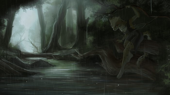 Furry character in a rainy swamp forest