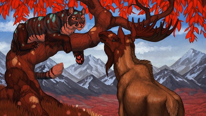 Mythical Tiger and Moose Under Autumn Tree