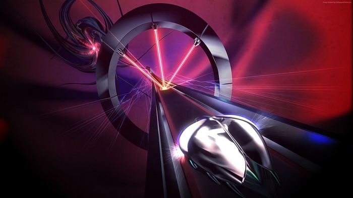 Abstract metallic structure with red lasers