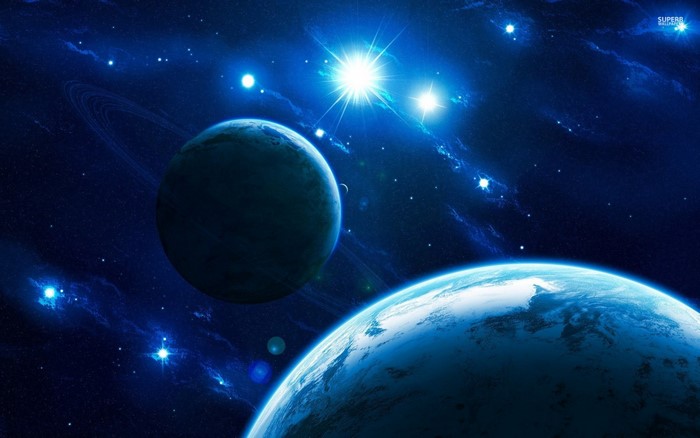Two planets in deep space with stars and nebulae