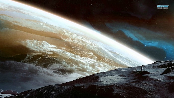 Astronaut on a rocky planet overlooking Earth