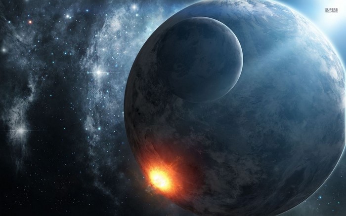 Planet and Moon with Asteroid Impact in Space