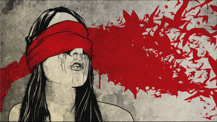 Illustration of a blindfolded woman with red birds