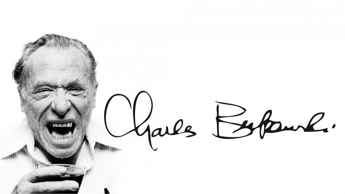 Charles Bukowski screaming with a drink