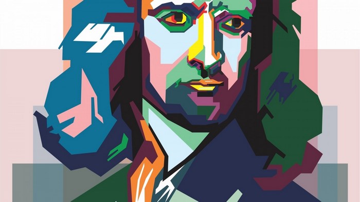 Portrait of Isaac Newton in colorful illustration style