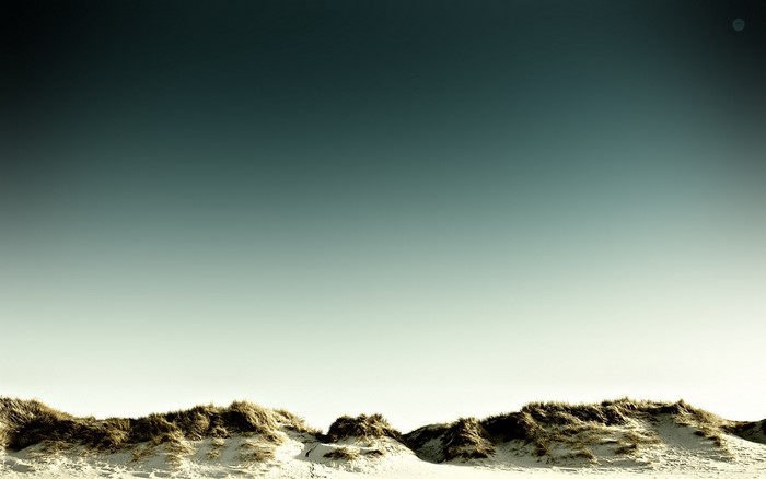 Sand dunes with dry grass under a gradient sky