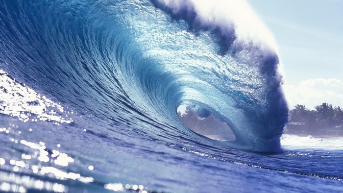 A large ocean wave barrels towards the shore