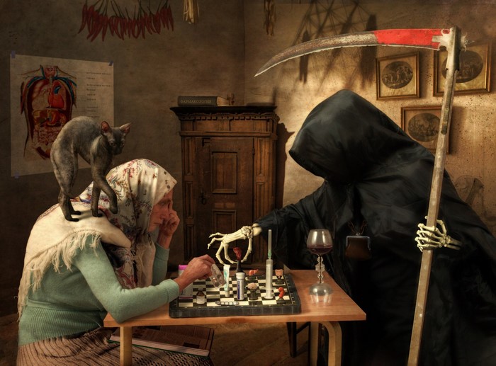 Grim Reaper Playing Chess with Elderly Woman
