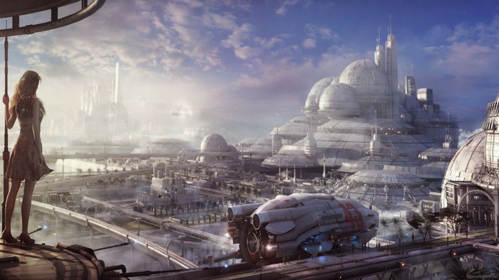 Woman overlooking a futuristic city with flying vehicles