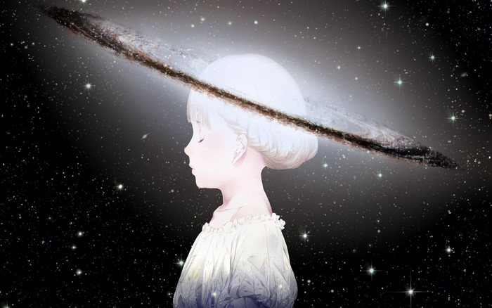 Girl with galaxy halo in space