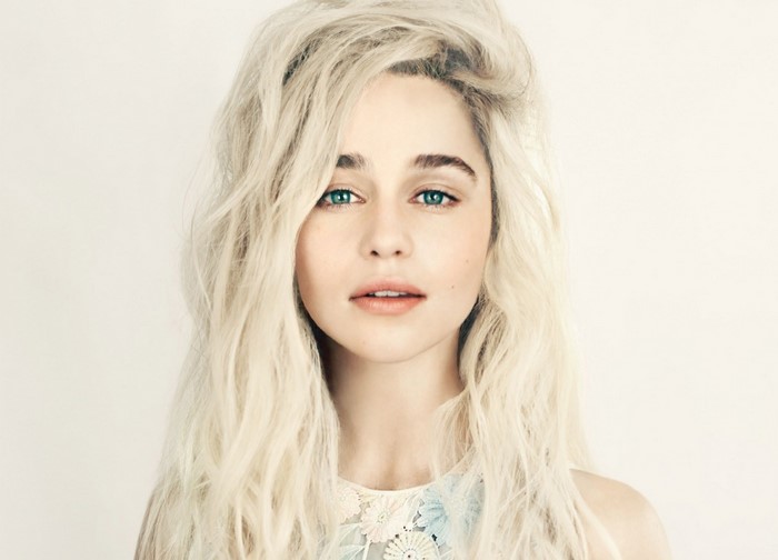 Emilia Clarke portrait with platinum blonde hair