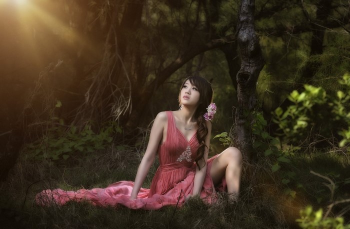 Woman in Pink Dress Sitting in Forest Sunlight