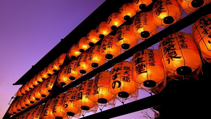 Rows of Japanese lanterns illuminated at dusk
