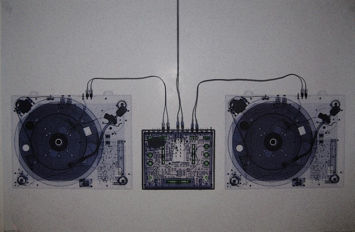 X-ray of DJ turntables and mixer