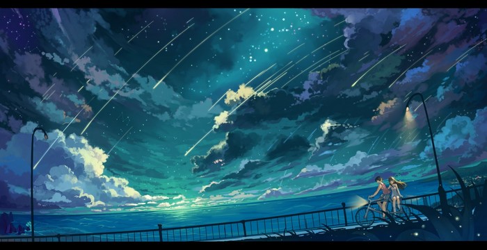 Anime couple on a bicycle under a meteor shower