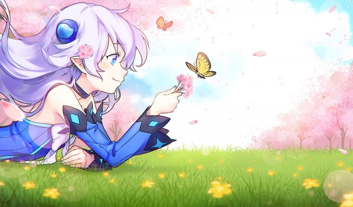 Lu from Elsword with butterflies and cherry blossoms