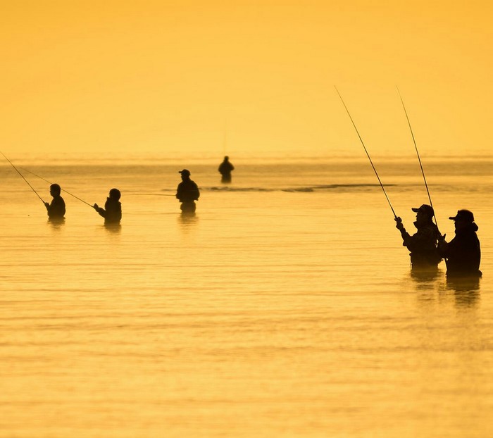 Fishermen wading in the sea at sunset