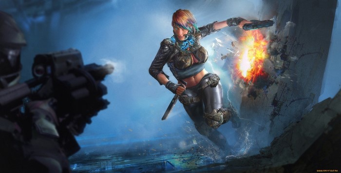 Woman with guns in futuristic combat