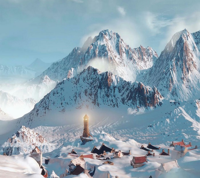Snowy mountain village with a lighthouse