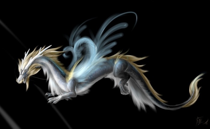 Fantasy art of a white and blue dragon with golden accents