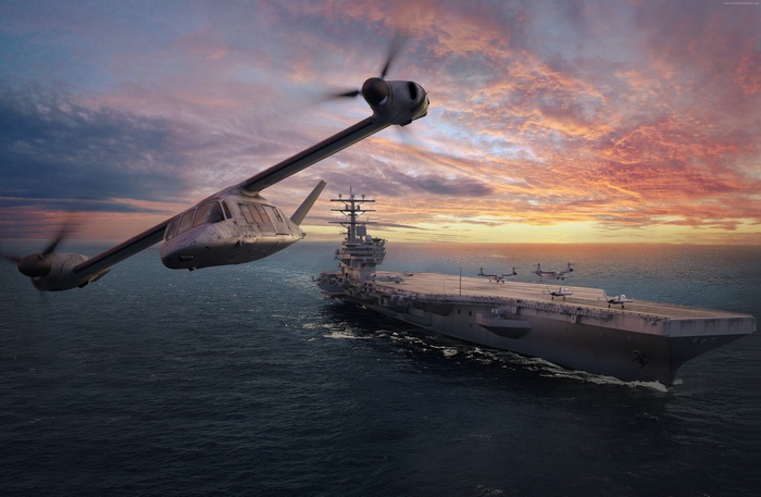 Bell V-247 Vigilant tiltrotor aircraft and aircraft carrier