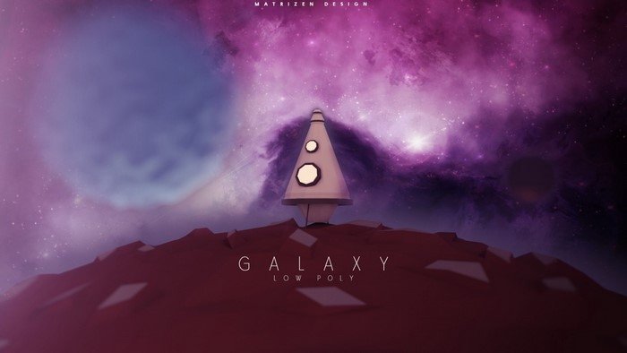 Low poly spaceship on a planet in a galaxy