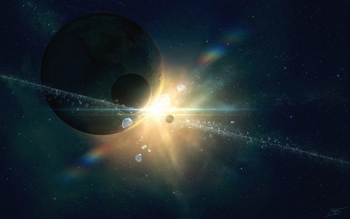 Planets and asteroid belt in space with bright light