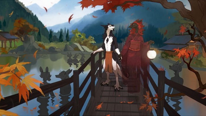 Two anthropomorphic characters on a bridge in autumn