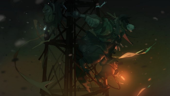 Anthro character climbing a tower at night