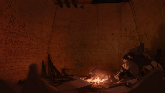Character in a dark room with writings on the wall