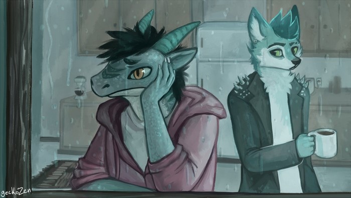Two anthropomorphic characters in a rainy setting