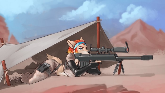 Furry sniper aiming a rifle under a tent
