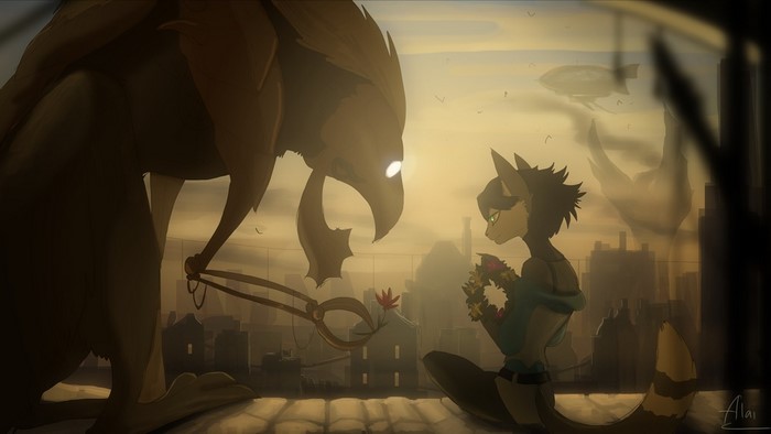Furry characters in a city with airships